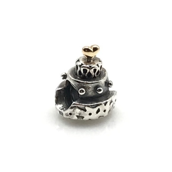 Pandora 925 & 14K Yellow Gold Two Tone Rare Retired Birthday Cake Bead Charm - Picture 4 of 5
